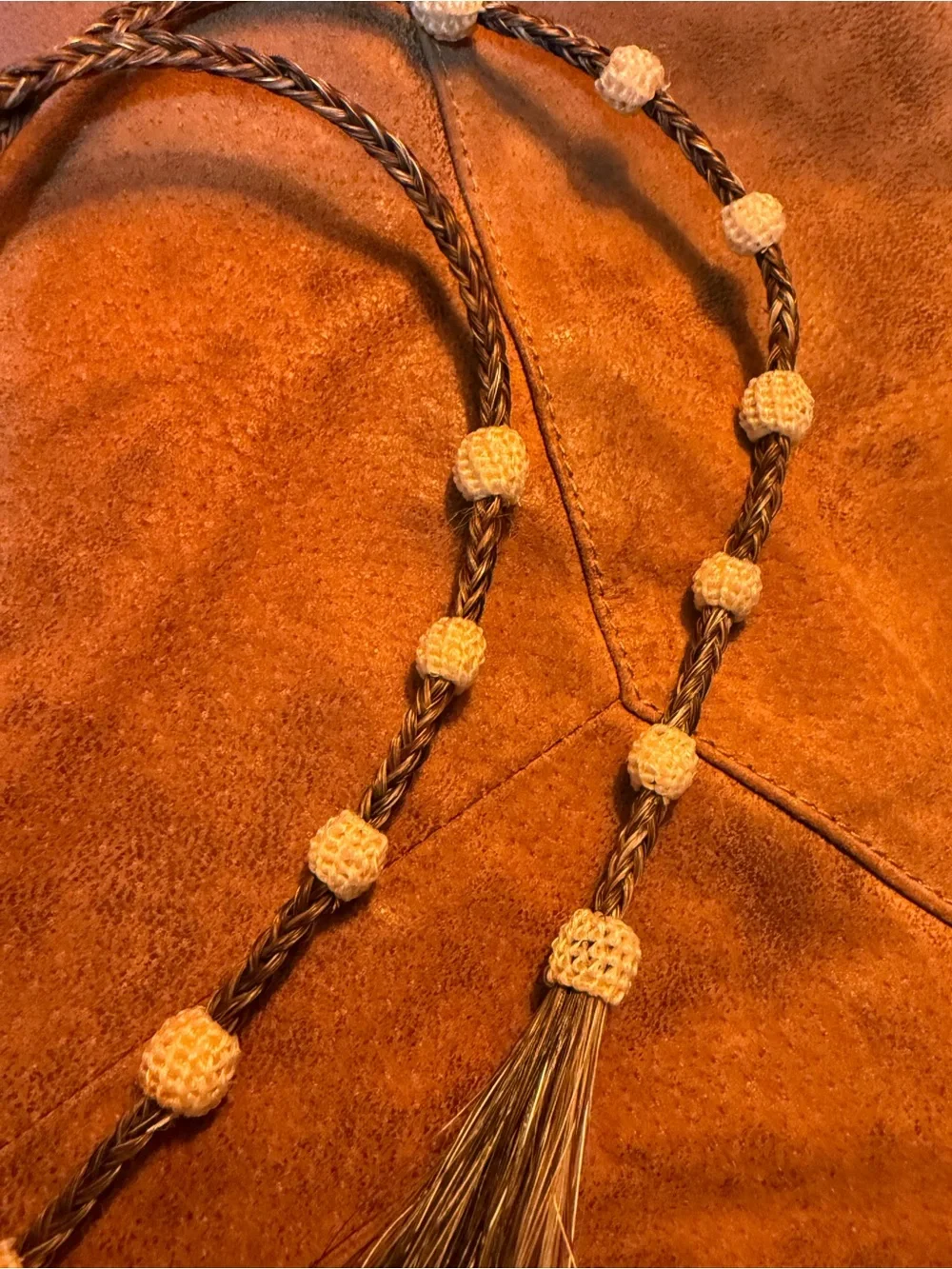 Vintage Western Bolo Tie pewter a saddle Horsehair and Barrel beads Lrg.